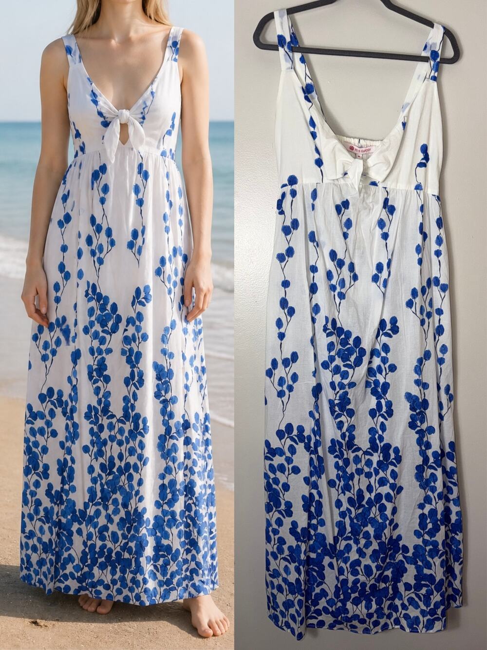 NWT RO'S GARDEN DRESS FANNY LONG MAXI BLUE LEAF 100% COTTON BEACH MILKMAID BOHO